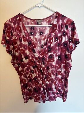 J. Jill Burgundy Floral V-Neck Surplice Blouse